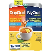 Remède chaud DayQuil/NyQuil, soulage les symptômes du rhume, grippe, congestion, format pratique, jour/nuit, soulage la fièvre, maux de tête, mal de gorge, congestion nasale et toux, action multiple, saveur miel citron