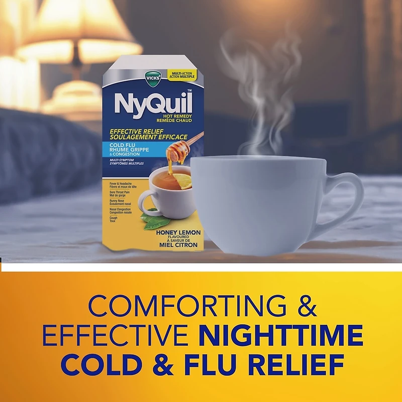 Remède chaud DayQuil/NyQuil, soulage les symptômes du rhume, grippe, congestion, format pratique, jour/nuit, soulage la fièvre, maux de tête, mal de gorge, congestion nasale et toux, action multiple, saveur miel citron