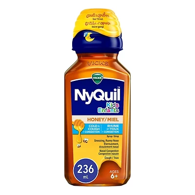 NyQuil pour enfants Miel Soulagement du rhume et de la toux + congestion pour l’éternuement, l’écoulement nasal, la congestion nasale et la toux pendant la nuit, aromatisé avec du vrai miel, pour les enfants âgés de 6 ans et plus