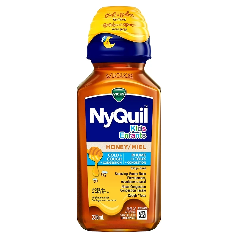 Kids NyQuil Honey Cold & Cough + Congestion Relief for Nighttime Sneezing, Runny Nose, Nasal Congestion & Cough, Flavored with Real Honey, For Children Ages 6+