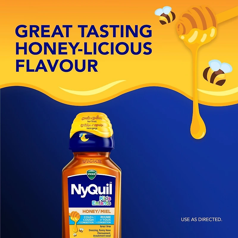 Kids NyQuil Honey Cold & Cough + Congestion Relief for Nighttime Sneezing, Runny Nose, Nasal Congestion & Cough, Flavored with Real Honey, For Children Ages 6+
