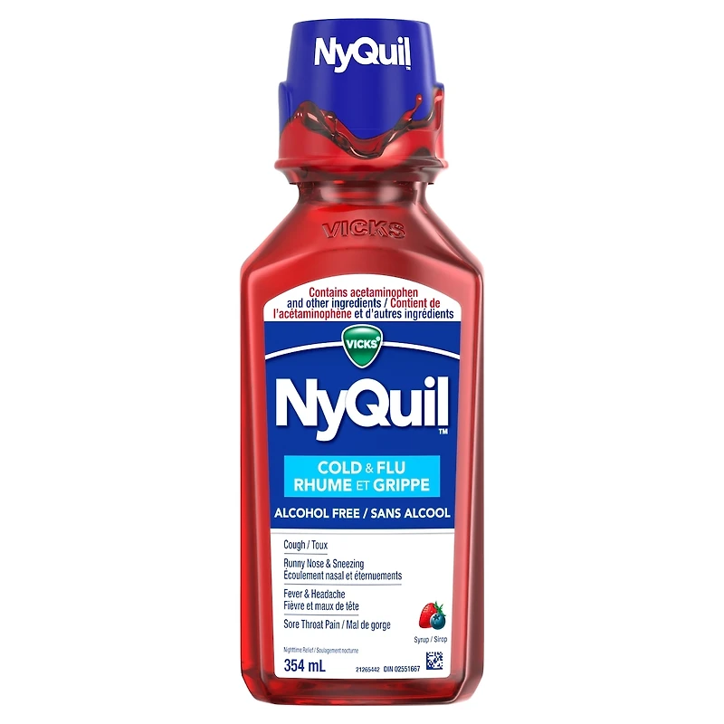 Médicament Vicks NyQuil Rhume et grippe sans alcool, soulagement nocturne de la toux, du mal de gorge, de la fièvre, l’écoulement nasal et des symptômes du rhume et de la grippe, saveur de baies, 354 mL