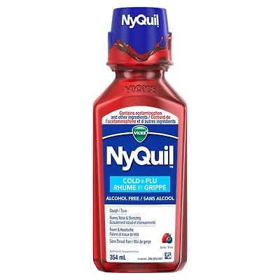 Médicament Vicks NyQuil Rhume et grippe sans alcool, soulagement nocturne de la toux, du mal de gorge, de la fièvre, l’écoulement nasal et des symptômes du rhume et de la grippe, saveur de baies, 354 mL