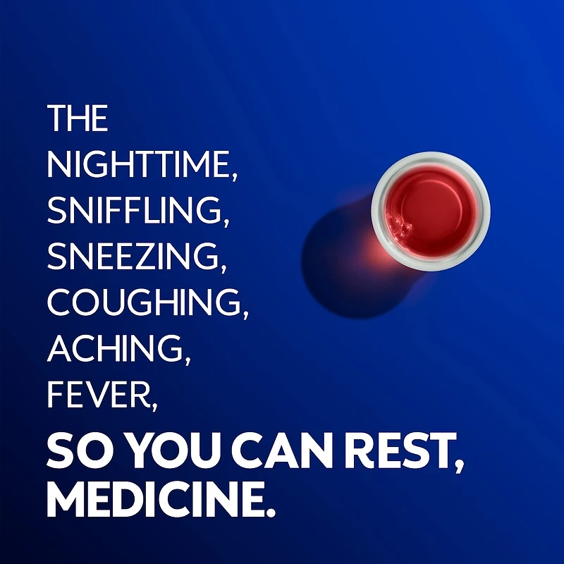 Médicament Vicks NyQuil Rhume et grippe sans alcool, soulagement nocturne de la toux, du mal de gorge, de la fièvre, l’écoulement nasal et des symptômes du rhume et de la grippe, saveur de baies, 354 mL