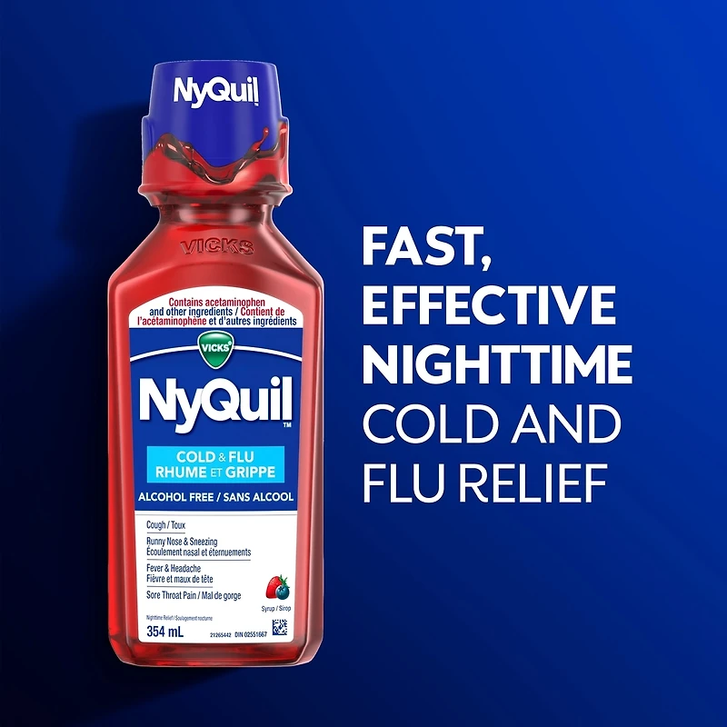 Médicament Vicks NyQuil Rhume et grippe sans alcool, soulagement nocturne de la toux, du mal de gorge, de la fièvre, l’écoulement nasal et des symptômes du rhume et de la grippe, saveur de baies, 354 mL