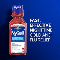Médicament Vicks NyQuil Rhume et grippe sans alcool, soulagement nocturne de la toux, du mal de gorge, de la fièvre, l’écoulement nasal et des symptômes du rhume et de la grippe, saveur de baies, 354 mL
