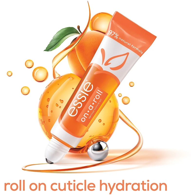 essie care on-a-roll apricot roller ball, 8-free vegan formula, conditions and hydrates nails, quick absorbing, 97% natural, on-the-go format, clear, 13.5 ml