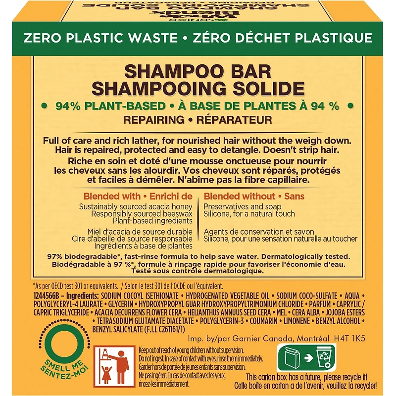 Garnier Whole Blends Honey Treasures Repairing  Shampoo Bar for Damaged Hair, Zero Plastic Packaging, Preservative Free, Silicone Free, Soap & Dye Free, with Honey and Beeswax, 60G