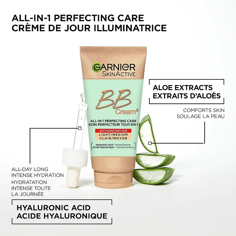 Crème BB pour Anti-Âge avec Acide Hyaluronique + Aloe Vera, Perfecteur de Peau, SkinActive