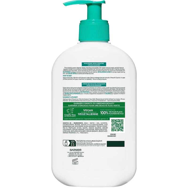 Crème nettoyante hydratante à l'acide hyaluronique