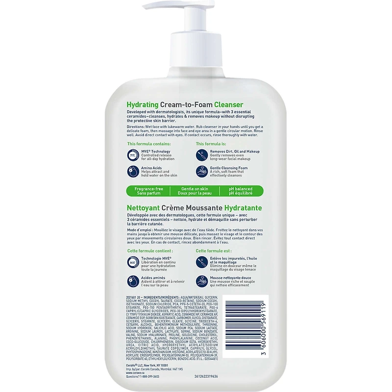Nettoyant Crème Moussante Hydratante de CeraVe Démaquille Avec acide hyaluronique et sans parfum