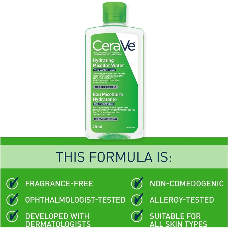 Hydrating Micellar Water Cleanser & Eye Makeup Remover with Essential Ceramides, Hyaluronic Acid and Niacinamde (Vitamin B3)