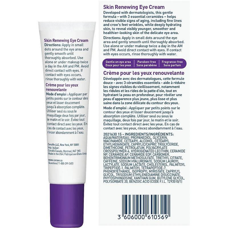 Crème pour les yeux renouvelante CeraVe | Avec caféine, peptides, acide hyaluronique, niacinamide et céramides pour les rides et ridules | Sans parfum et testé sous contrôle ophtalmologique