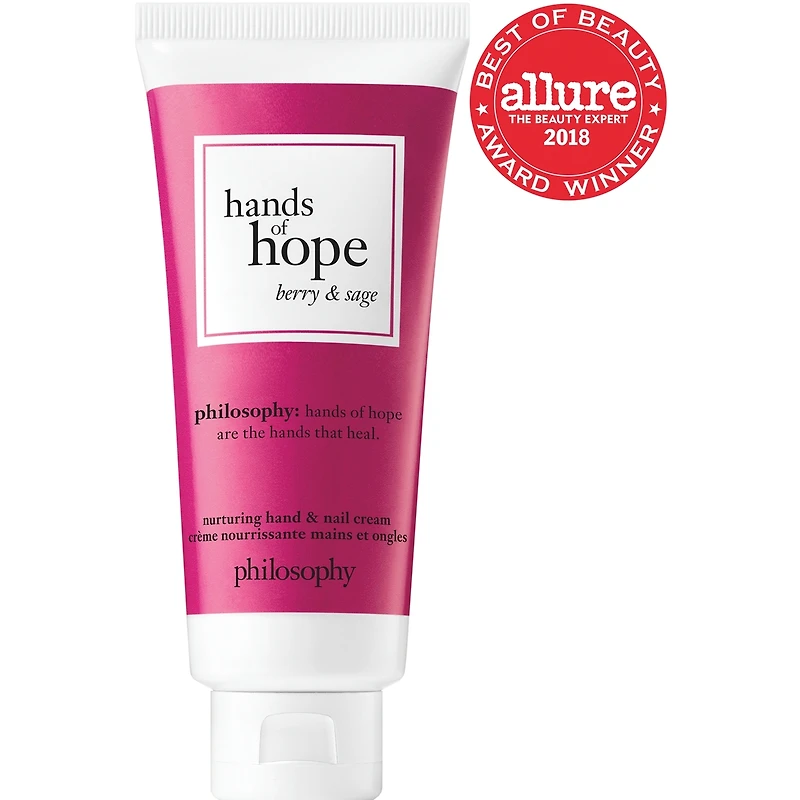 crème pour les mains & ongles hands of hope aux fruits rouges & à la sauge, absorption rapide, jusqu'à 24h d'hydratation, fini lumineux & sain