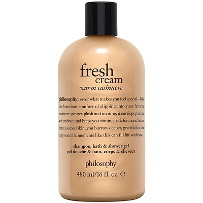 fresh cream warm cashmere shampoo, bath and shower gel, cleanses, conditions, softens skin & hair