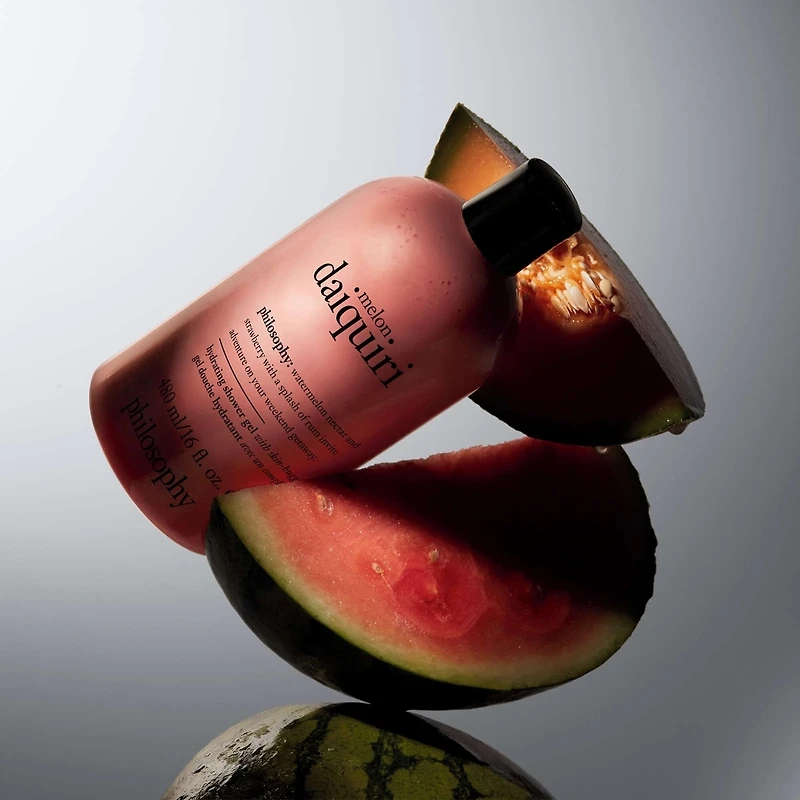 shampoing, gel douche et bain moussant melon daiquiri pour femme, nettoie, revitalise, adoucit la peau & les cheveux