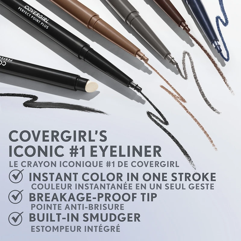 Perfect Point Plus Eyeliner, micro-fine point, precise line, built-in smudger tip for a softer, smokier look