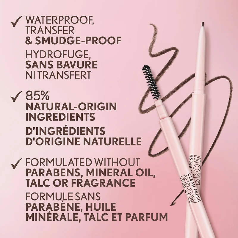 Clean Fresh Brow Nano Eyebrow Pencil, Ultra-Precise Tip, Waterproof, Transfer-Resistant, Built-In Spoolie, Vegan Formula