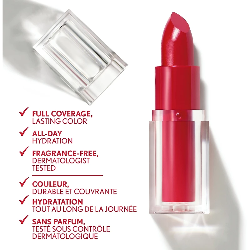 Rouge à lèvres Clean, Fini satin, Tenue 24 heures, Squalane, Avocat et aloès, Sans carmin, non desséchant