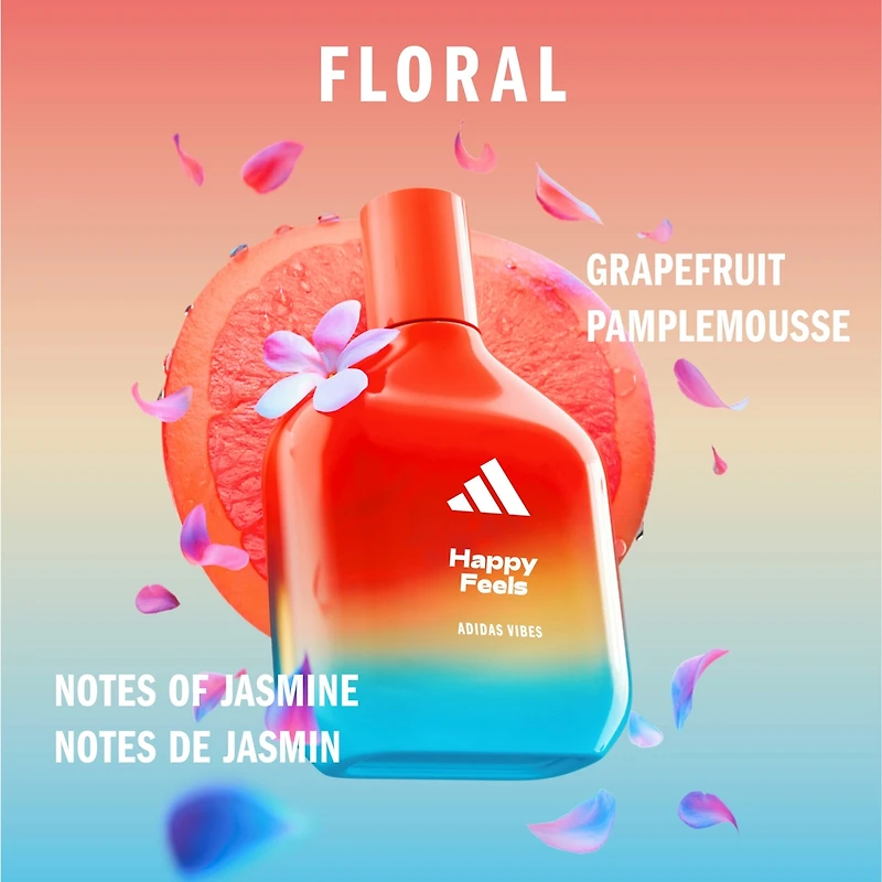 Eau de Parfum unisexe adidas Vibes Happy Feels, joyeuse et exaltante, parfum longue tenue, Pamplemousse et Jasmin