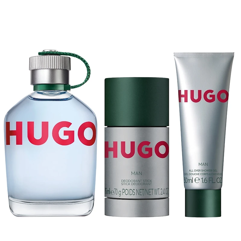 HUGO Man Eau de Toilette, Déodorant Stick, et Gel Douche pour Homme Coffret Trio