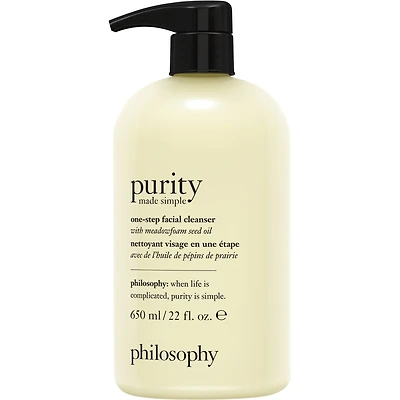 purity made simple one-step facial cleanser, gentle, respects skin's barrier, skin is soft, conditionned & fresh, removes make-up