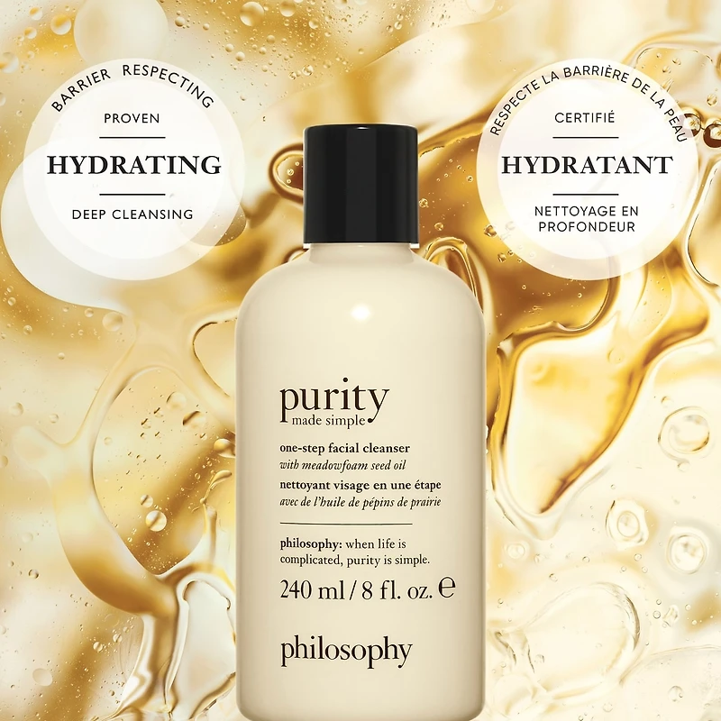 purity made simple one-step facial cleanser, gentle, respects skin's barrier, skin is soft, conditionned & fresh