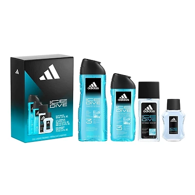 Coffret cadeau Ice Dive comprenant une eau de toilette, deux gels douche et un déodorant naturel en spray.