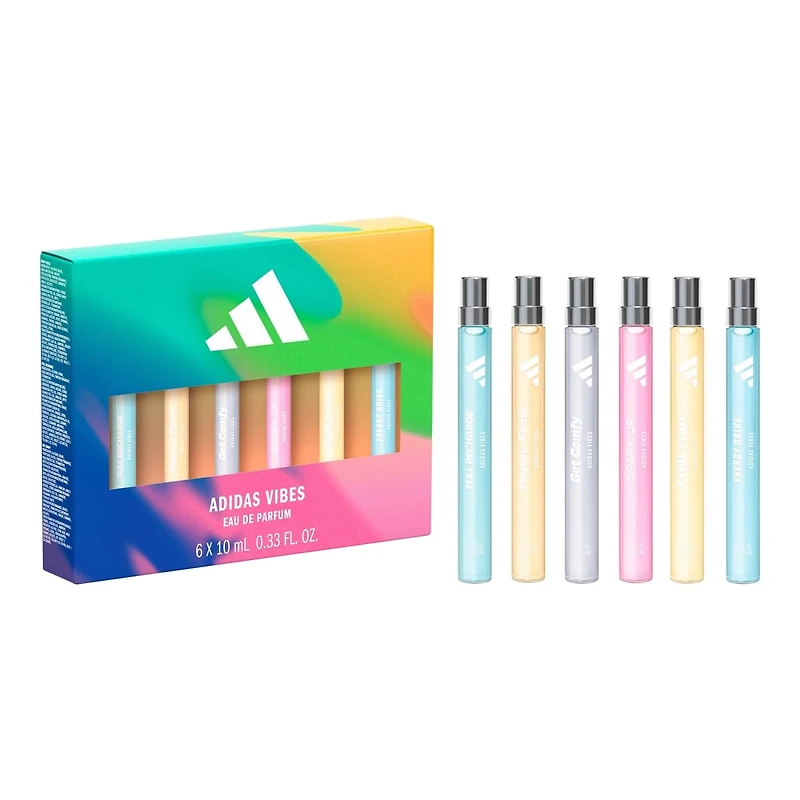 Le coffret Vibes Discovery Set comprend la gamme complète d'eaux de parfum Vibes (6 x 10 ml), composée des parfums suivants : Enery Drive, Full Recharge, Chill Zone, Get Comfy, Spark Up et Happy Feels.