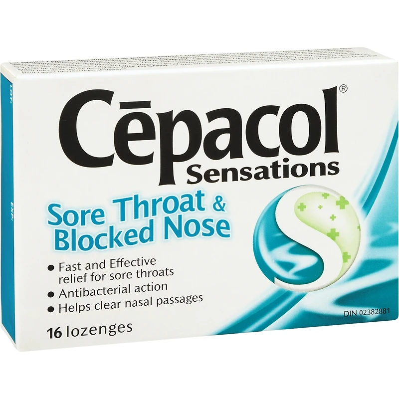 Cépacol Sensations Mal de Gorge et Nez Bouché, 16 pastilles contre le mal de gorge