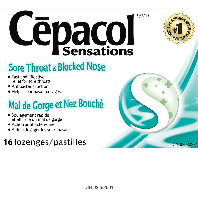 Cépacol Sensations Mal de Gorge et Nez Bouché, 16 pastilles contre le mal de gorge
