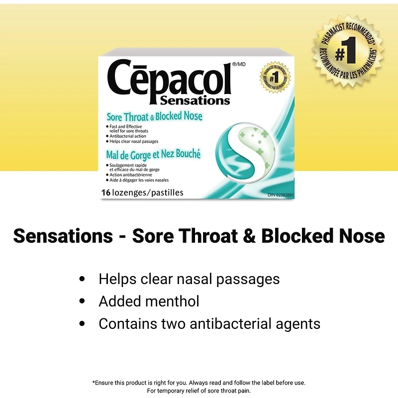 Cépacol Sensations Mal de Gorge et Nez Bouché, 16 pastilles contre le mal de gorge