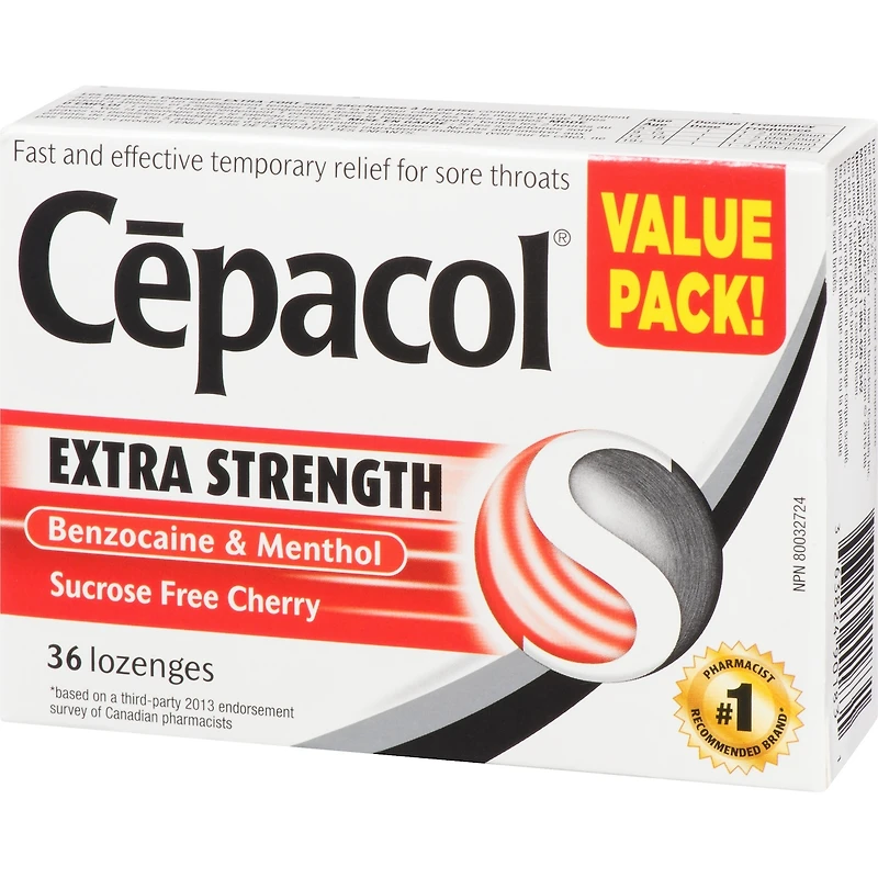Cépacol EXTRA-FORT sans saccharose à la cerise, paquet économique, 36 pastilles contre le mal de gorge