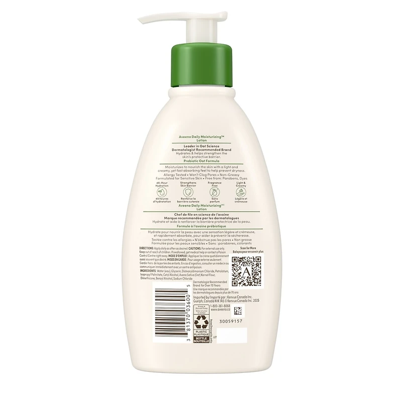 Daily Moisturizing Lotion, Dry Skin, Non-Comedogenic, Prebiotic Oat, Daily Moisturizer, Fragrance Free, 354mL