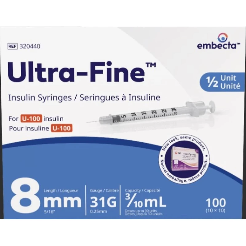Ultra-Fine™ Insulin Syringes U-100 8mm 31G 0.3mL ½ unit