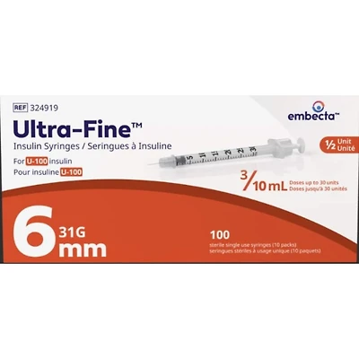 Ultra-Fine™ Insulin Syringes U-100 6mm 31G 0.3mL ½ unit