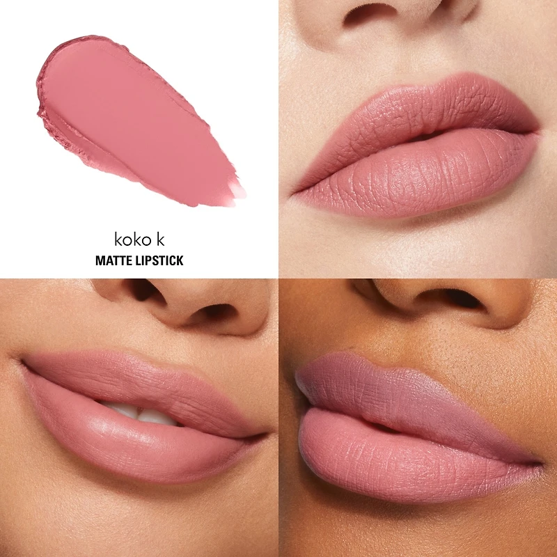 Matte Lipstick, highly pigmented, weightless, 8-hour wear, soft-matte finish, hydrates lips