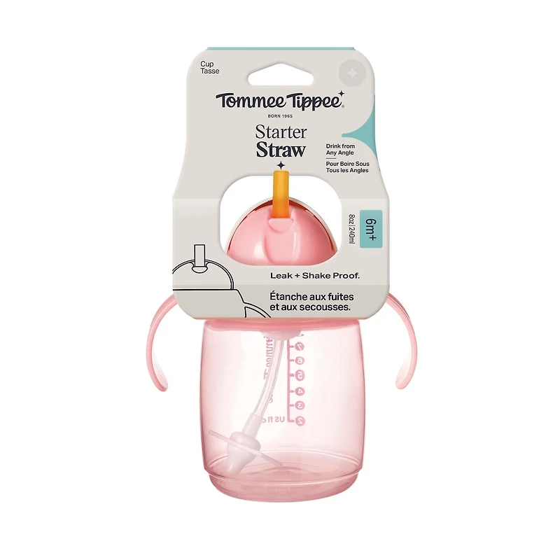 Tommee Tippee Starter Straw Cup, 8oz, Easy Transition Toddler Cup For 6 Months+, with Silicone Weighted Straw and Easy-Hold Handles, Pink, 1 count