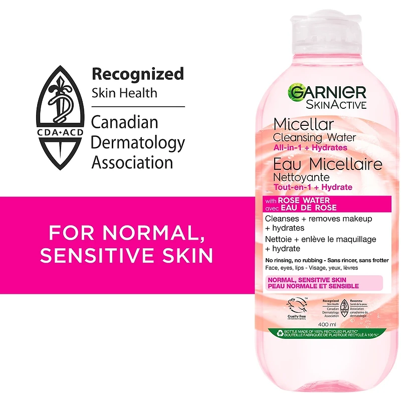Garnier Eau Micellaire Démaquillante, Hydratant tout-en-un + Nettoyant visage à l'eau de rose et à la glycérine, hypoallergénique, peau sensible à sèche, 700 ml