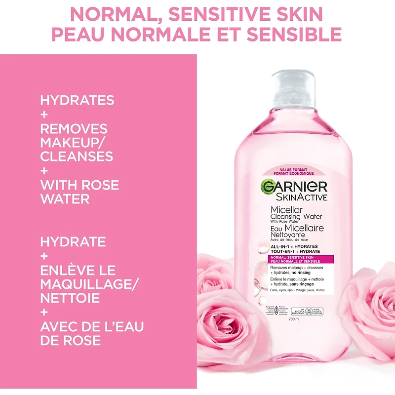Garnier Eau Micellaire Démaquillante, Hydratant tout-en-un + Nettoyant visage à l'eau de rose et à la glycérine, hypoallergénique, peau sensible à sèche, 700 ml