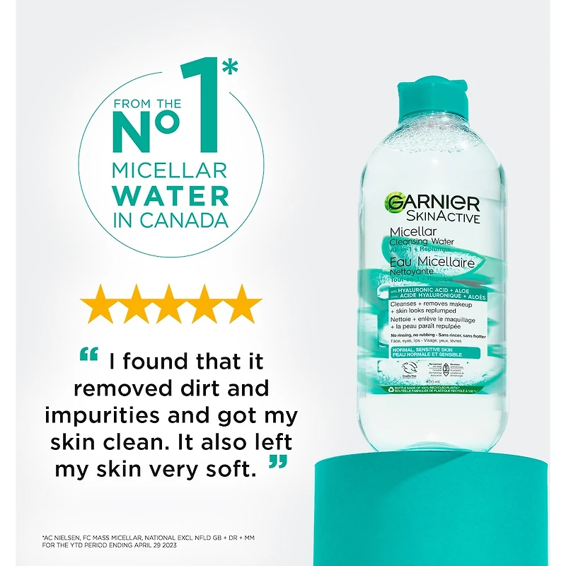 Garnier Eau Micellaire Démaquillante, Tout-En-Un Démaquillant Hydratant et Repulpant + Nettoyant Visage à l'Acide Hyaluronique & Aloès, Hypoallergénique, Peaux normales à Sensibles