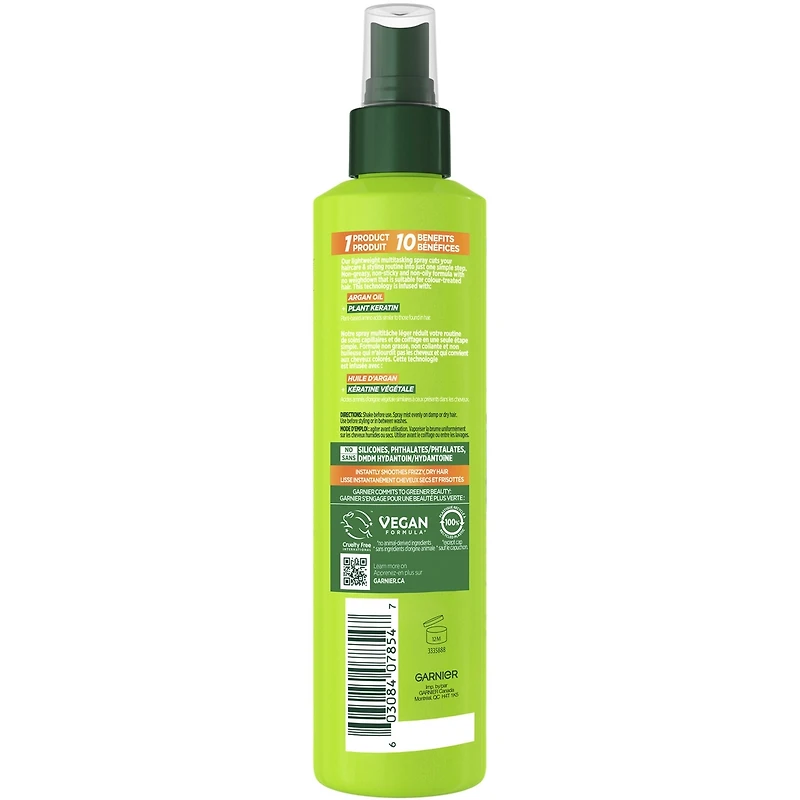 Fructis Sleek & Shine Spray Sans Rinçage 10-en-1 Pour Cheveux Secs et Frisés, Traitement Réparateur et Protection Thermale, Avec Huile d'Argan et Kératine Végétale