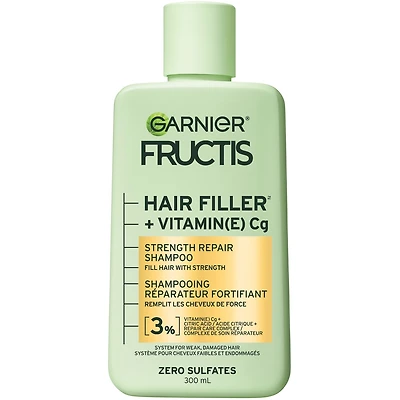 Fructis Hair Filler + Vitamine C Shampooing Sans Sulfates Réparateur et Fortifiant, pour Cheveux Faibles et Endommagés, Jusqu'à 4X Moins de Cassures & 79% de Force en Plus