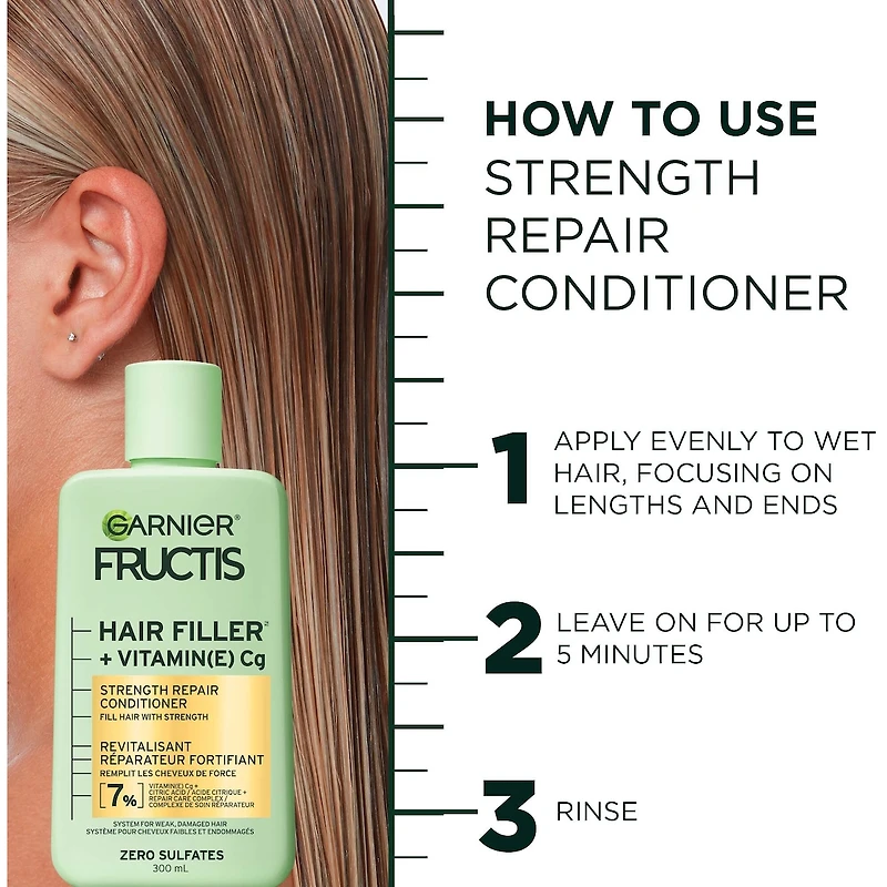 Fructis Hair Filler + Vitamine C Revitalisant Sans Sulfates Réparateur et Fortifiant, pour Cheveux Faibles et Endommagés, Jusqu'à 4X Moins de Cassures & 79% de Force en Plus