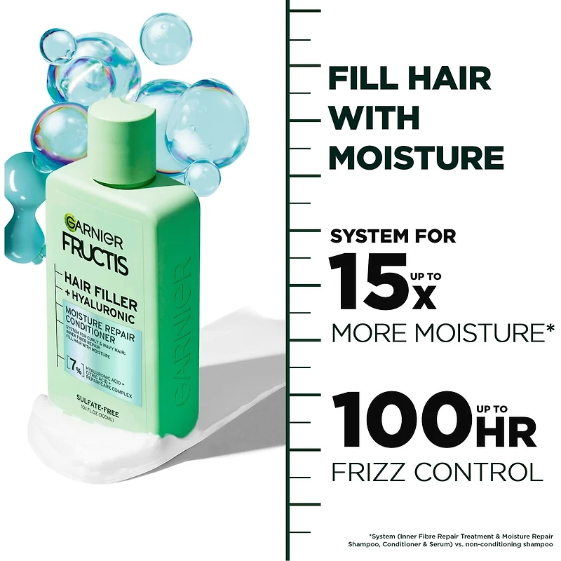 Fructis Hair Filler + Acide Hyaluronique Revitalisant Réparateur Hydratant, pour Cheveux Bouclés & Ondulés, jusqu'à 15X plus Humides & 100 heures de Contrôle des Frisottis