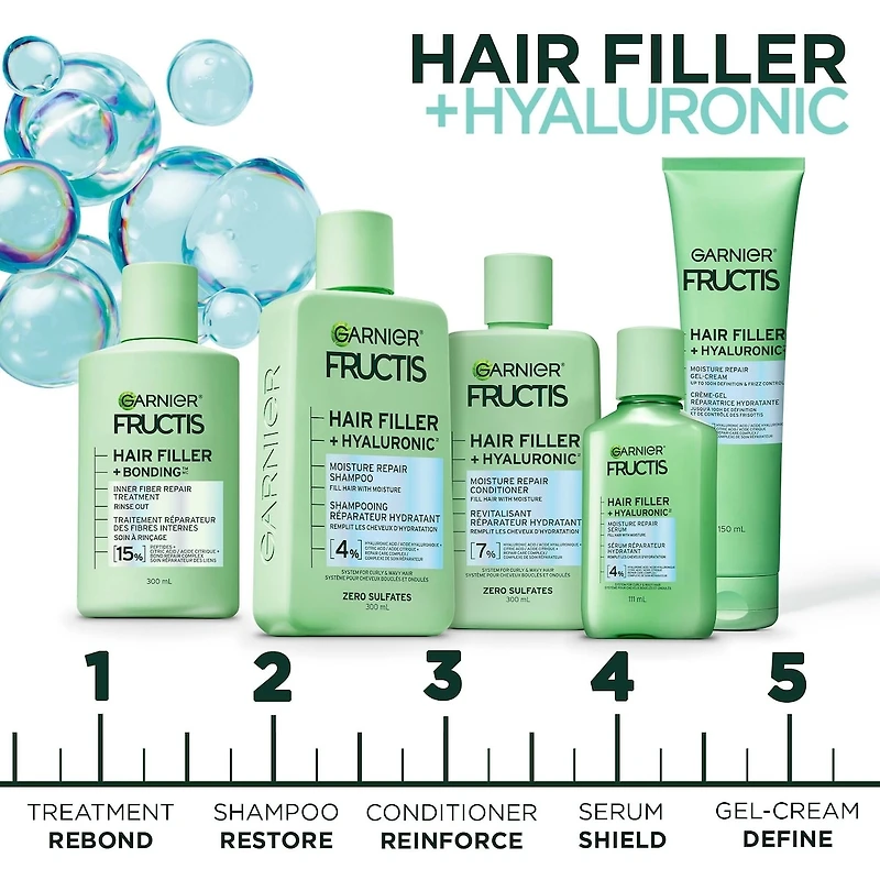 Fructis Hair Filler + Acide Hyaluronique Revitalisant Réparateur Hydratant, pour Cheveux Bouclés & Ondulés, jusqu'à 15X plus Humides & 100 heures de Contrôle des Frisottis