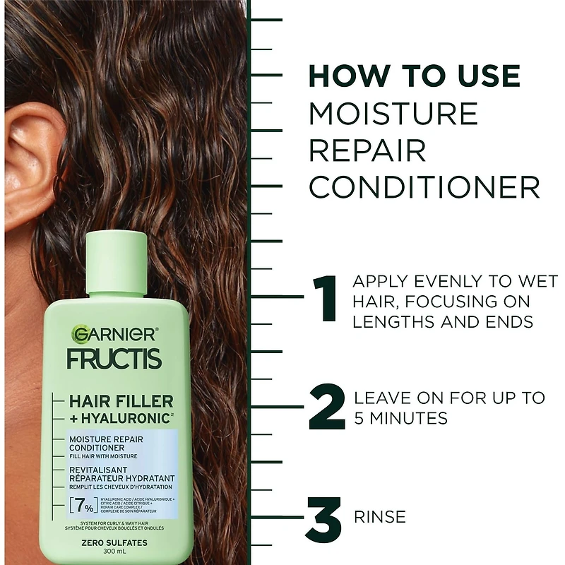 Fructis Hair Filler + Acide Hyaluronique Revitalisant Réparateur Hydratant, pour Cheveux Bouclés & Ondulés, jusqu'à 15X plus Humides & 100 heures de Contrôle des Frisottis