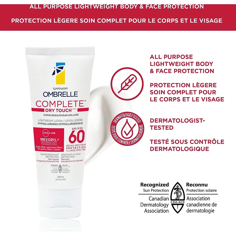 Crème solaire soin complet, lotion légère, sensibilité avancée, SPF 60