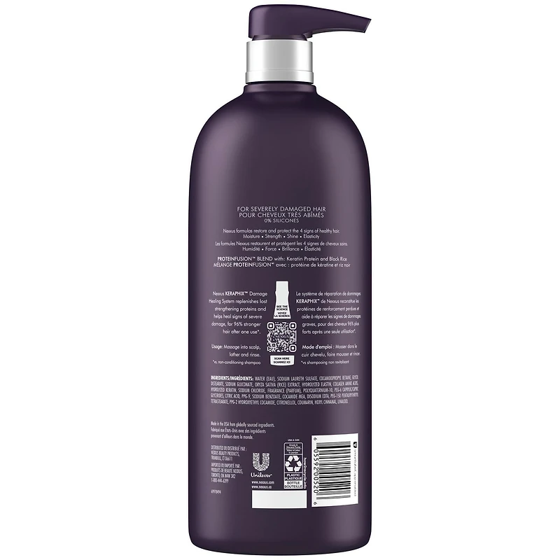 Shampooing Réparateur pour cheveux secs et abîmés Nexxus Keraphix avec ProteinFusion avec protéine de kératine et riz noir 1 L