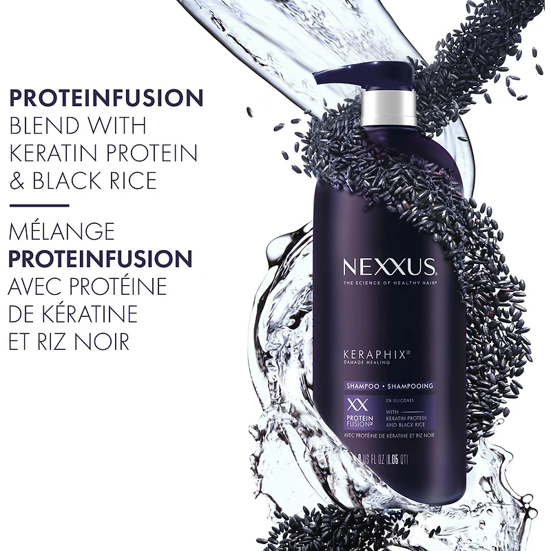 Shampooing Réparateur pour cheveux secs et abîmés Nexxus Keraphix avec ProteinFusion avec protéine de kératine et riz noir 1 L